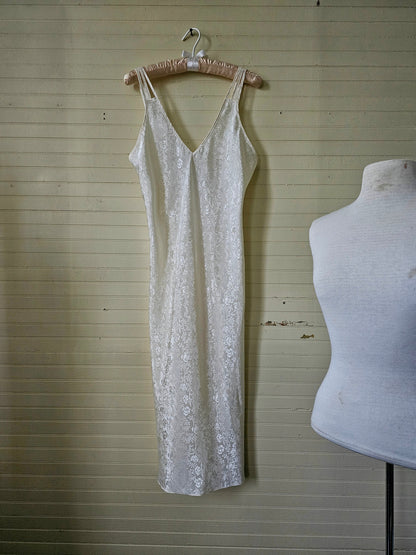 Vintage nightgown, California Dynasty small off white floral brocade sleeveless ankle length peignoir 80s fancy v neck side slits nightie