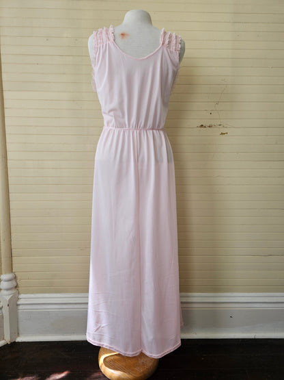 Vintage nightgown, Michelene 40 pink long ankle length peignoir sleeveless sheer lace ribbon nylon dreamy romantic lingerie feminine