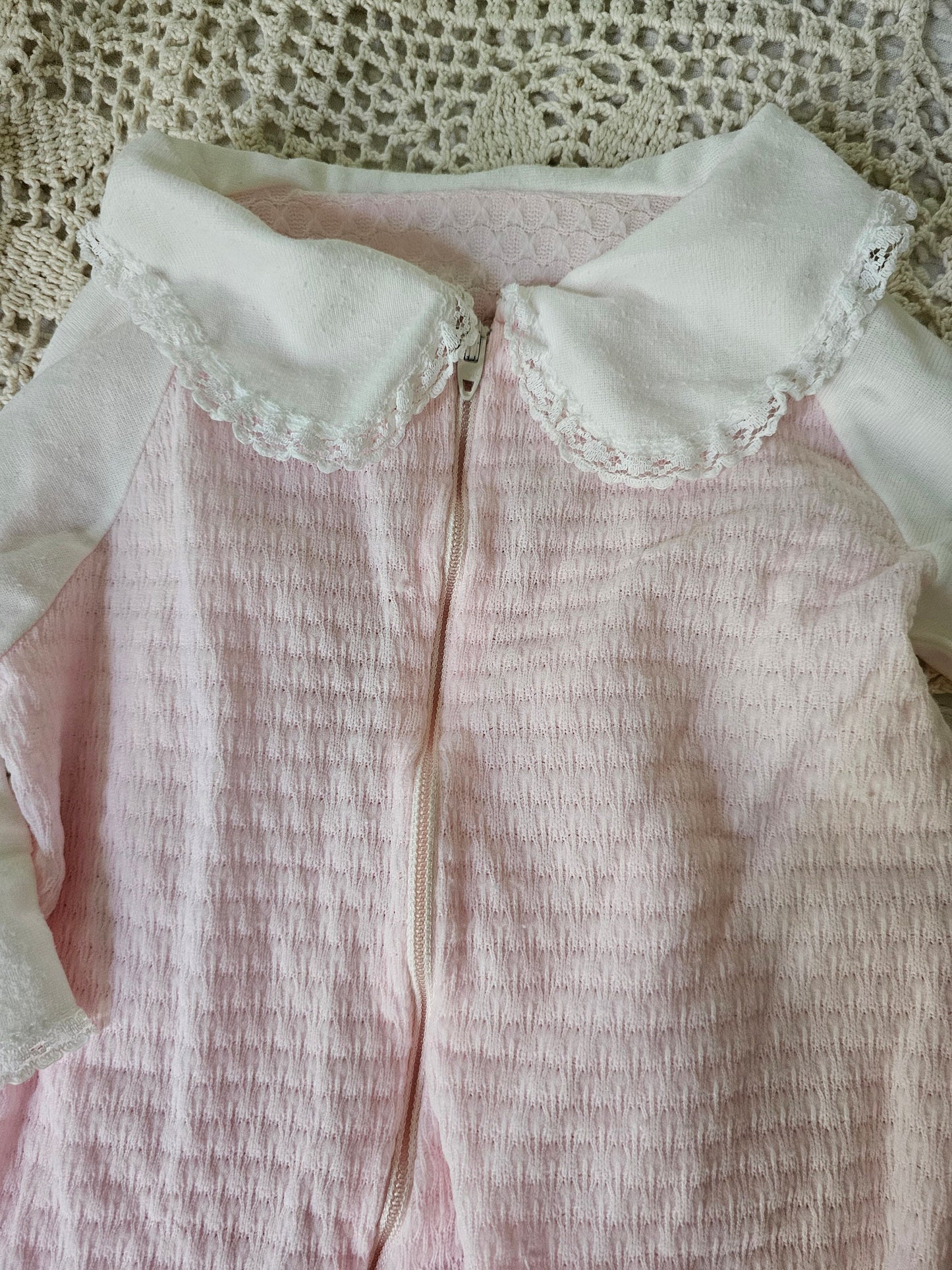 Vintage sleeper, newborn baby infant girl pink long sleeves footed zipper collar rosettes lace trim pajamas baby shower gift retro nursery