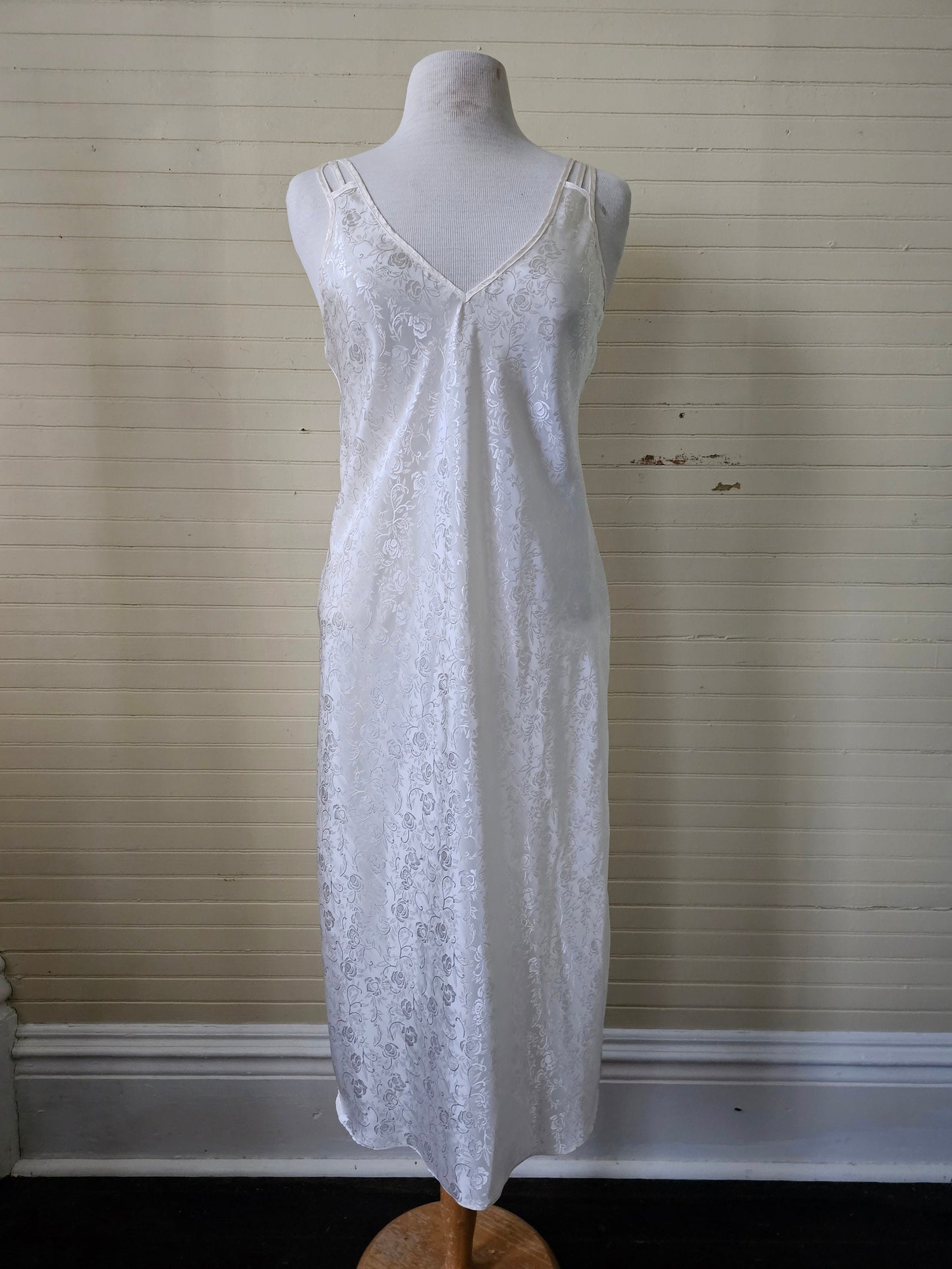 Vintage nightgown, California Dynasty small off white floral brocade sleeveless ankle length peignoir 80s fancy v neck side slits nightie