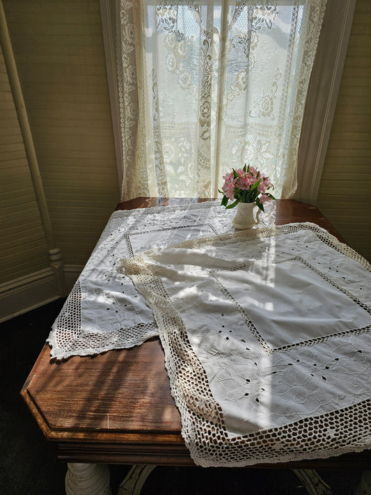 Vintage tablecloth, white square crochet embroidered floral cutwork lace small cotton granny grandmillennial Victorian country farmhouse