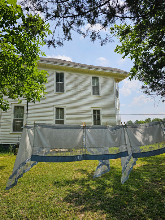 Vintage curtains, set of 8 cafe half swag valance tiered kitchen lace ruffle white blue house church country farmhouse cottagecore pastoral