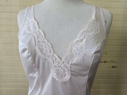 Vintage camisole, Vassarette 36 pink nylon cami tank top lingerie half slip lace trim v neck princess seams floral shoulder straps