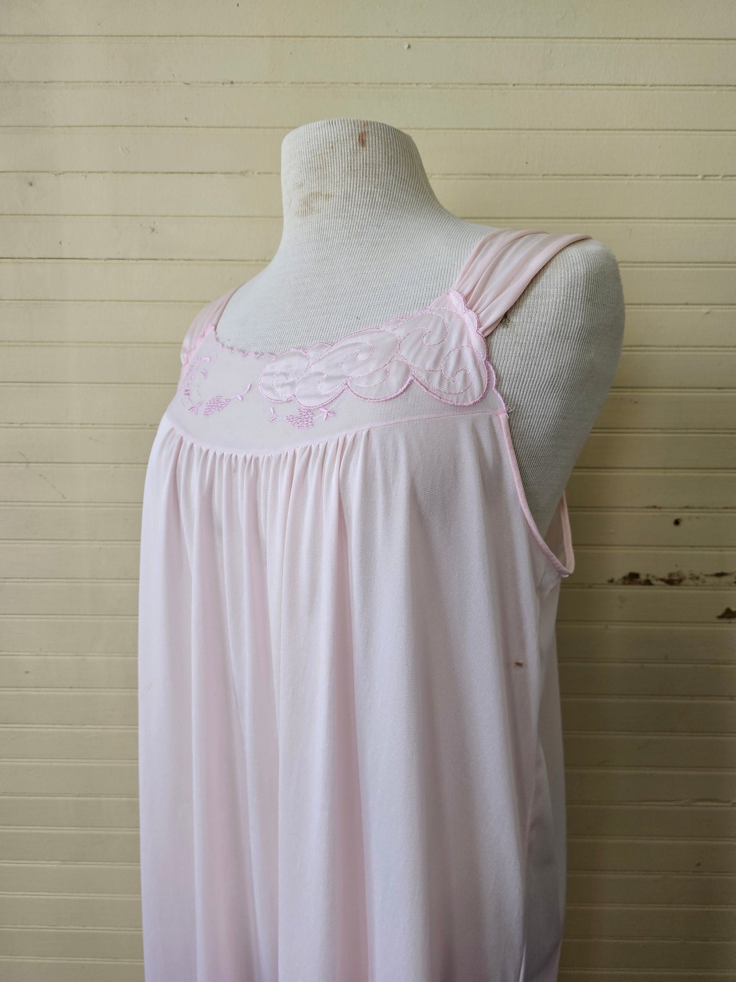 Vintage nightgown, pink long maxi ankle length sleeveless peignoir embroidered floral clouds lingerie scallop edges sheer 70s silky nylon