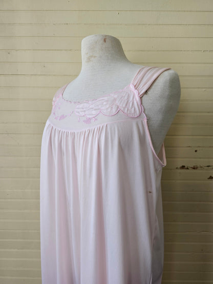 Vintage nightgown, pink long maxi ankle length sleeveless peignoir embroidered floral clouds lingerie scallop edges sheer 70s silky nylon