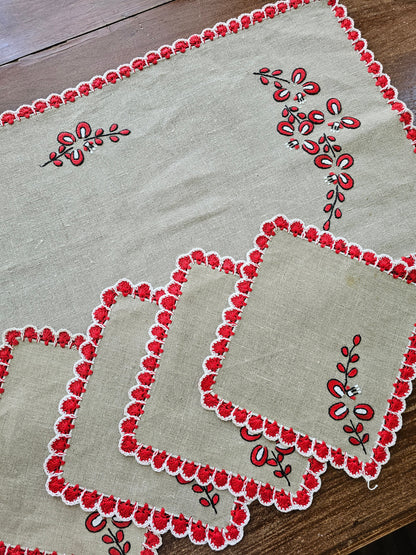 Vintage table linens, set of 5 napkins table runner handmade crochet embroidered red white black floral 70s MCM retro hippy boho bohemian