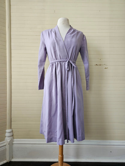 Vintage dress, handmade purple faux wrap elastic waist tie belt long sleeves v neck knee length thick woven fabric side pockets fall winter