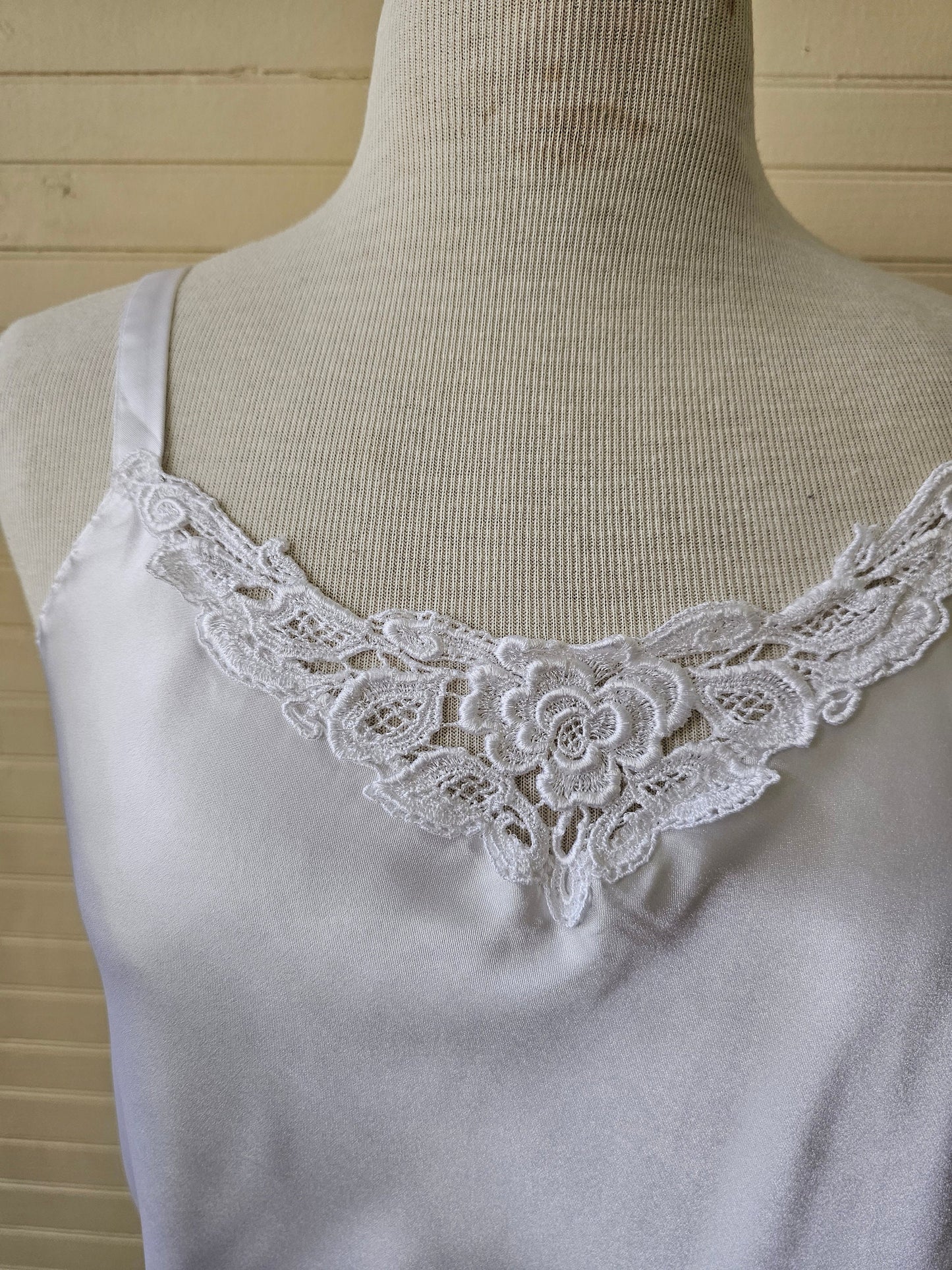 Vintage camisole, white cami lingerie floral lace trim thin shoulder straps tank top modesty slip scoop neck undergarment feminine girly