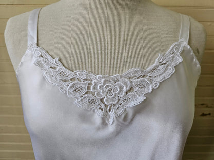 Vintage camisole, white cami lingerie floral lace trim thin shoulder straps tank top modesty slip scoop neck undergarment feminine girly