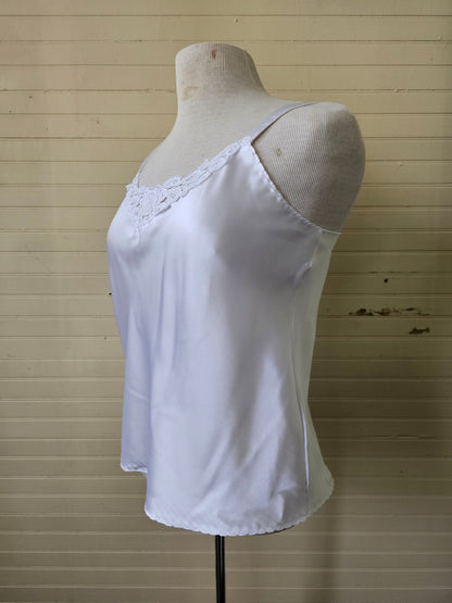 Vintage camisole, white cami lingerie floral lace trim thin shoulder straps tank top modesty slip scoop neck undergarment feminine girly