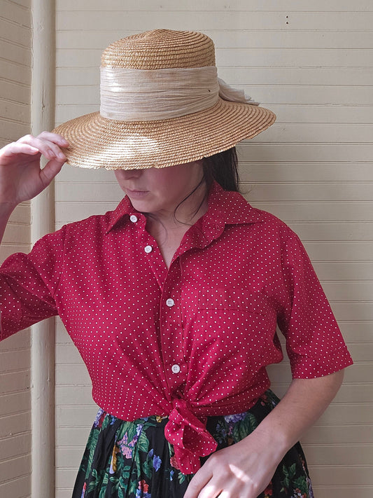 Vintage blouse, Blair medium red white polka dots button up front collar short sleeves pocket casual shirt 80s 90s women flirty retro pinup