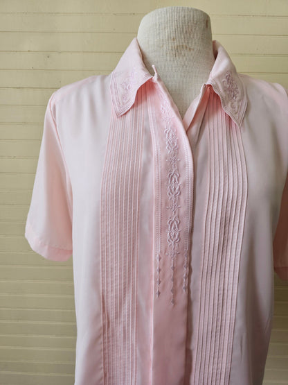 Vintage blouse, Claudia Richard 10p pink short sleeves button up front embroidered floral pleated fancy dressy flowy collar shoulder pads 90