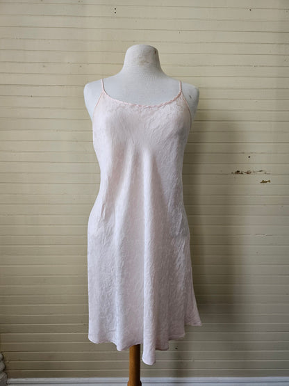 Vintage nightgown, dress slip adjustable spaghetti straps pink brocade silk above knee lingerie scoop neck small medium 90s floral Y2K