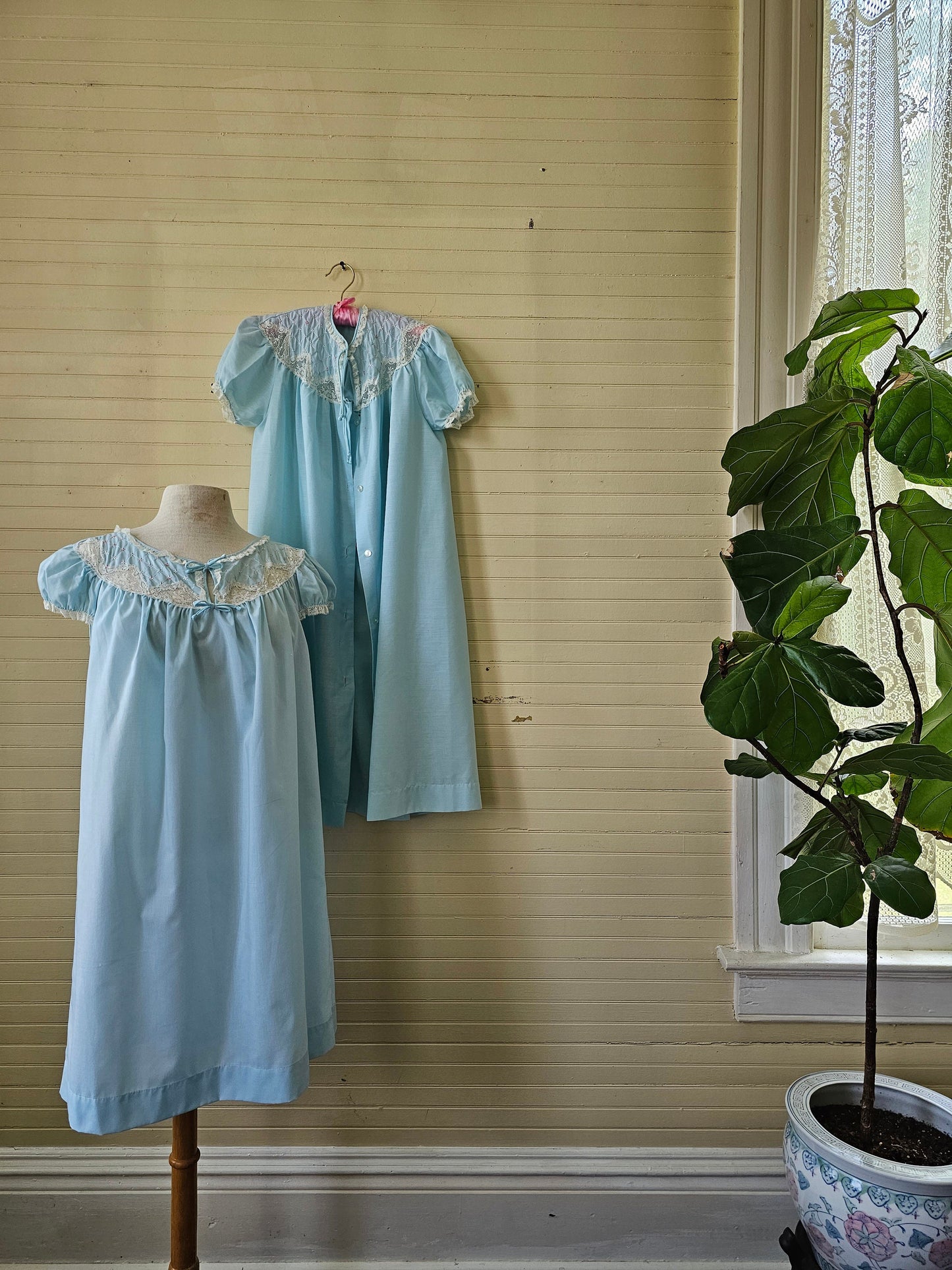 Vintage pajama set, Barbizon small blue nightgown robe peignoir set of 2 below knee lace trim embroidered bows lingerie sleep Sandee Sheryl