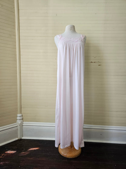 Vintage nightgown, pink long maxi ankle length sleeveless peignoir embroidered floral clouds lingerie scallop edges sheer 70s silky nylon