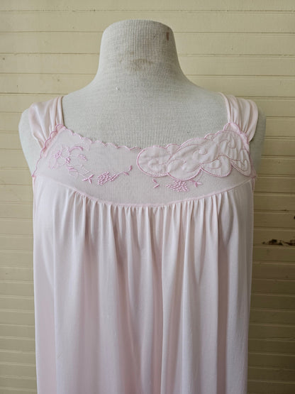 Vintage nightgown, pink long maxi ankle length sleeveless peignoir embroidered floral clouds lingerie scallop edges sheer 70s silky nylon