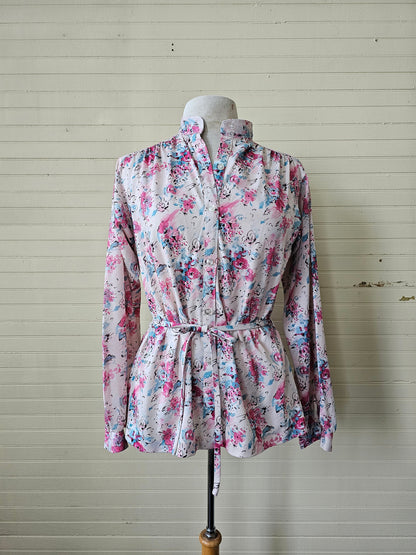 Vintage shirt, 70s medium floral pink blue button up long sleeves original belt polyester peplum long tunic collar casual blouse