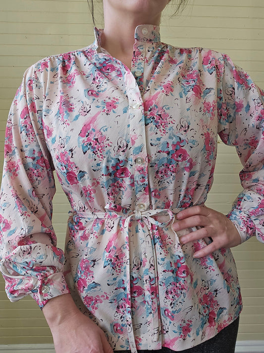 Vintage shirt, 70s medium floral pink blue button up long sleeves original belt polyester peplum long tunic collar casual blouse