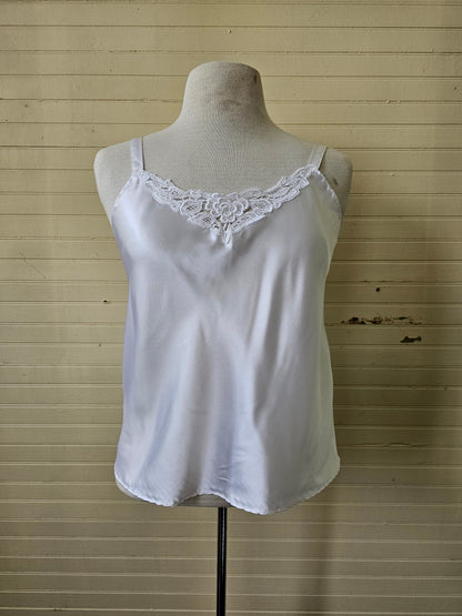 Vintage camisole, white cami lingerie floral lace trim thin shoulder straps tank top modesty slip scoop neck undergarment feminine girly