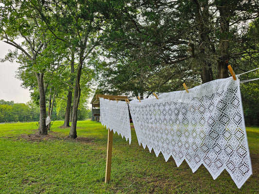 Vintage curtains, set of 2 white lace half cafe valance kitchen floral rod pocket patchwork cottagecore granny shabby chic country farmhouse