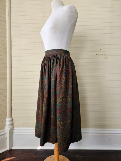 Vintage skirt, Preswick and Moore 8 paisley dark tones moody brown teal burgundy waistband button closure side pockets midi below knee flowy