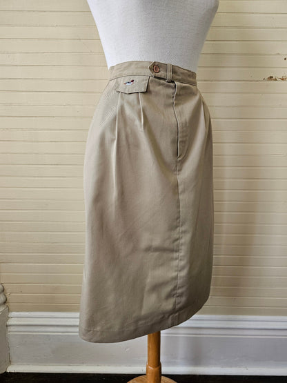 Vintage skirt, Decoy Collection 10 tan khaki waistband A line button front zipper preppy pleated below knee embroidered duck pockets 80s 90s