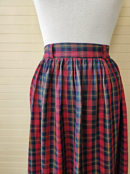 Vintage skirt, This One's For You plaid red green navy belt loops waistband zipper button A line midi below knee Christmas preppy 26 waist