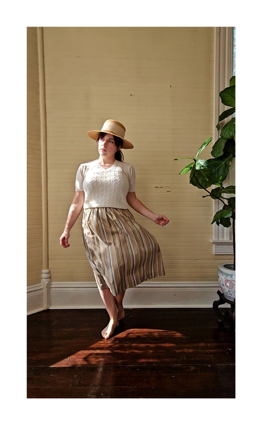 Vintage skirt, Bobbie Brooks 7/8 waistband pleated stripe khaki beige teal white silky midi below knee button zipper A line lightweight thin