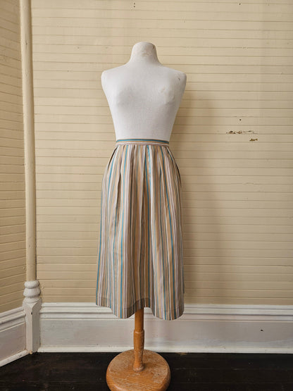 Vintage skirt, Bobbie Brooks 7/8 waistband pleated stripe khaki beige teal white silky midi below knee button zipper A line lightweight thin