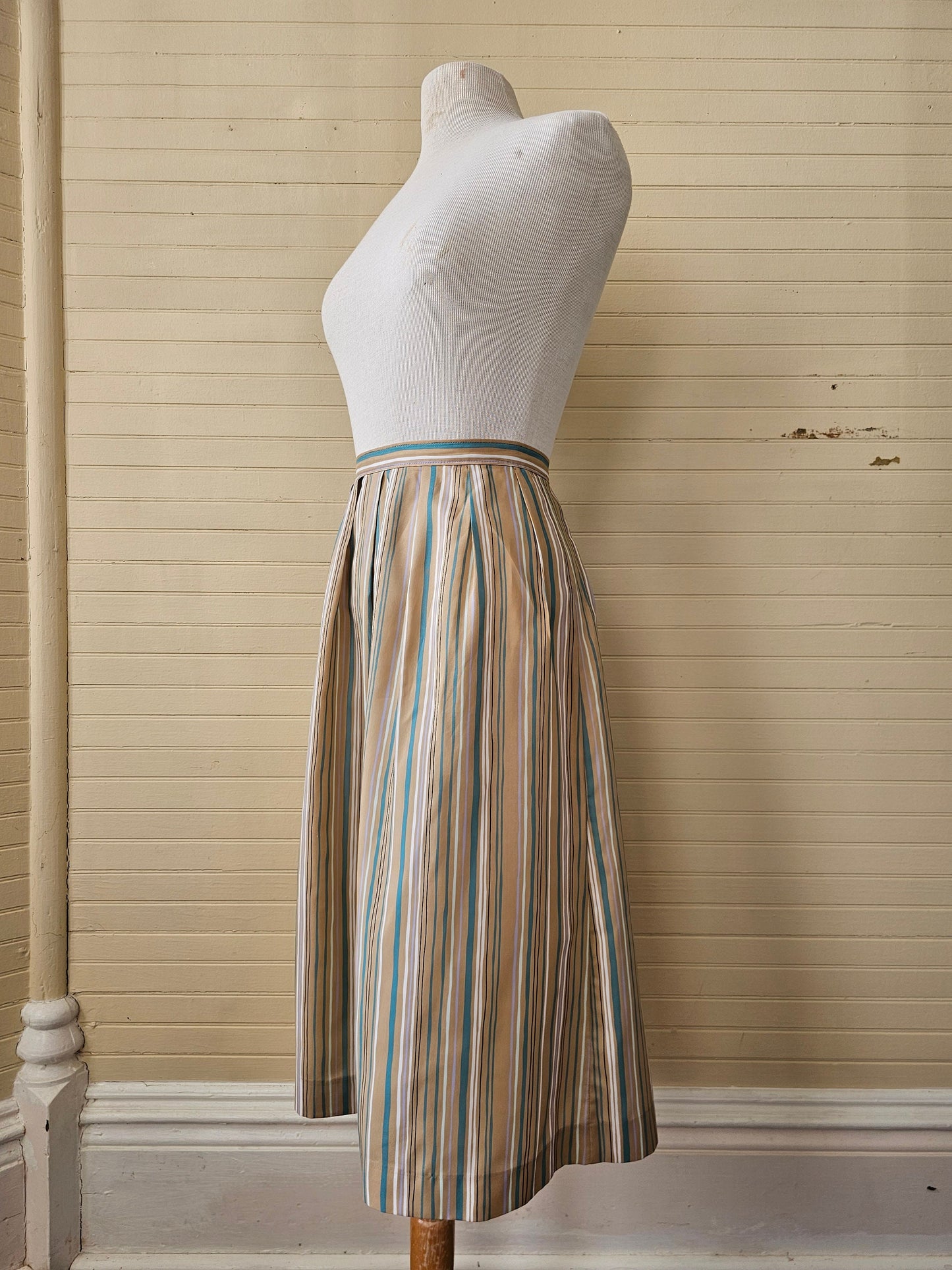 Vintage skirt, Bobbie Brooks 7/8 waistband pleated stripe khaki beige teal white silky midi below knee button zipper A line lightweight thin