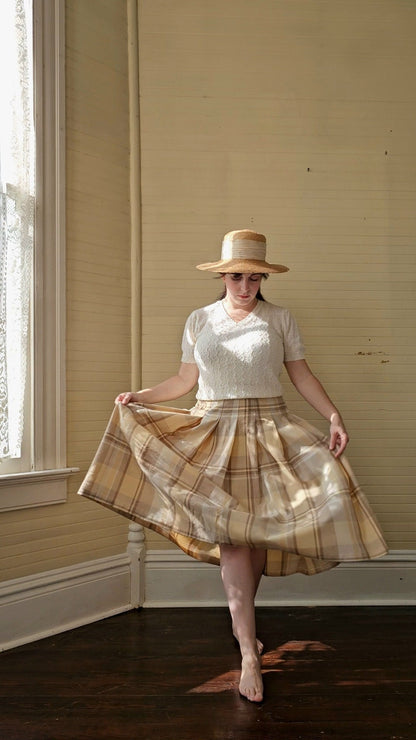 Vintage skirt, Pendleton 8 plaid yellow brown waistband zipper button pleated midi below knee A line wool preppy Scottish cosplay 90s