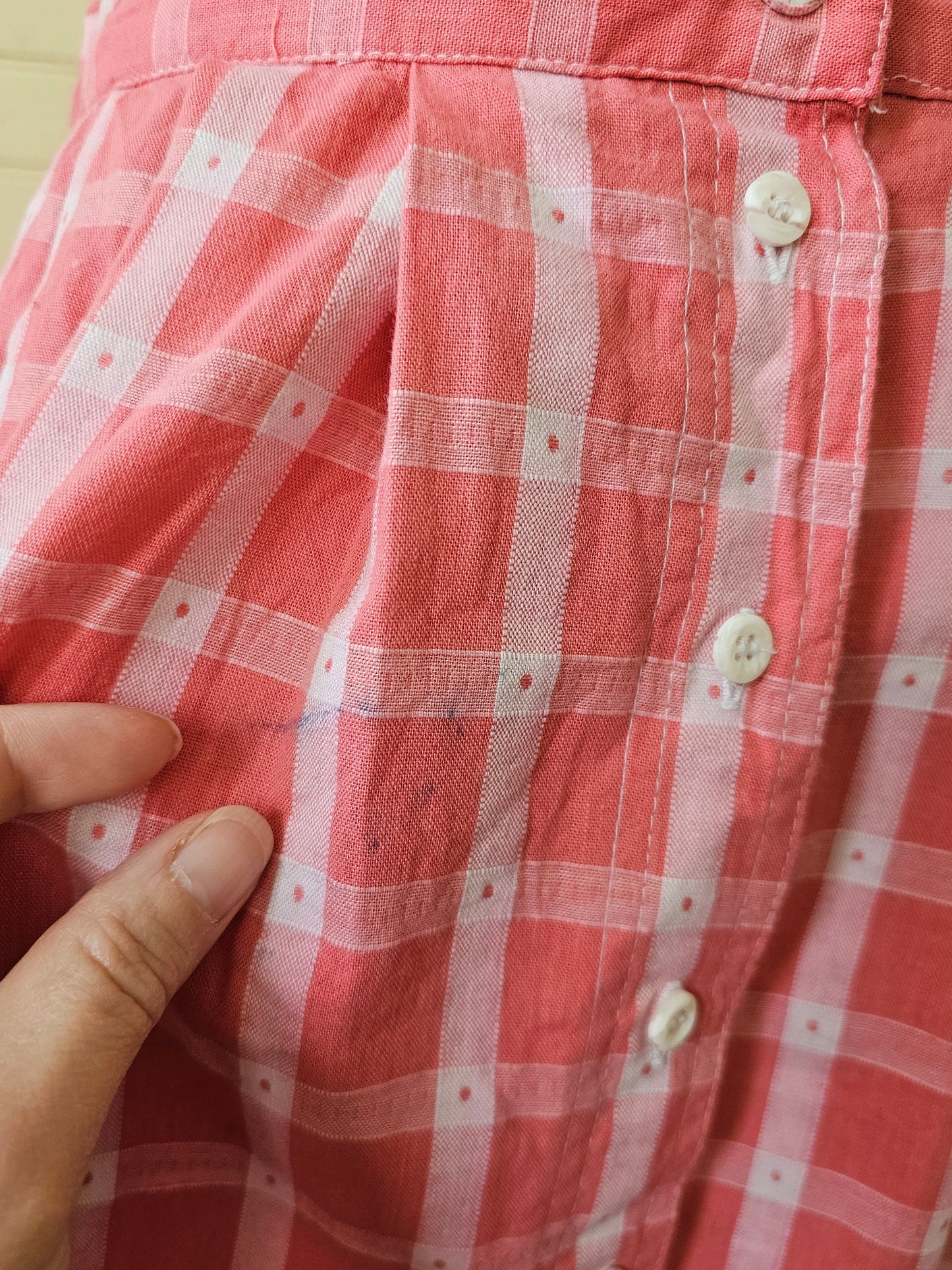 Vintage skirt, LL Bean pink white plaid woven cotton polka dots button up side pockets pleated a line midi below knee classic preppy 80s 90s