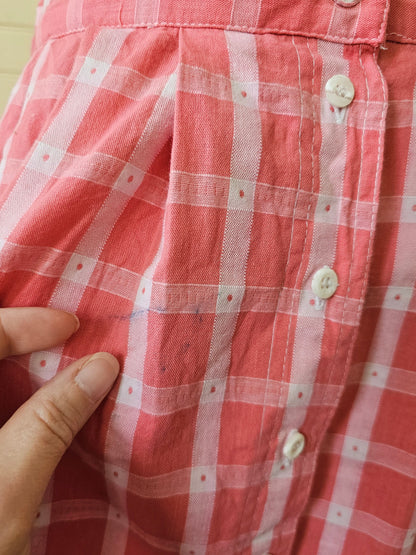 Vintage skirt, LL Bean pink white plaid woven cotton polka dots button up side pockets pleated a line midi below knee classic preppy 80s 90s