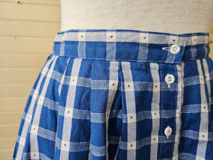 Vintage skirt, LL Bean size 8 blue white plaid polka dots pleated buttons up side pockets A line midi below knee woven cotton classic preppy