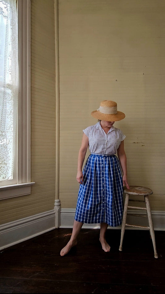 Vintage skirt, LL Bean size 8 blue white plaid polka dots pleated buttons up side pockets A line midi below knee woven cotton classic preppy