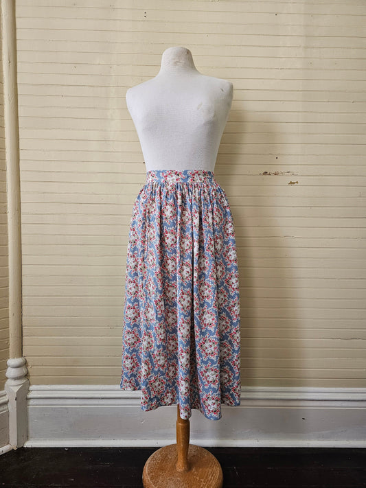 Vintage skirt, CMI size 8 rayon floral waistband button closure midi below knee grey pink cottagecore romantic 90s flowy A line feminine