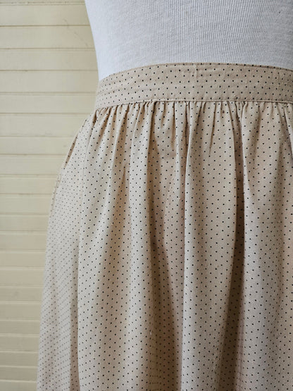 Vintage skirt, 10 tan black polka dots waistband button closure side pockets A line 70s below knee lightweight casual neutral flirty flowy