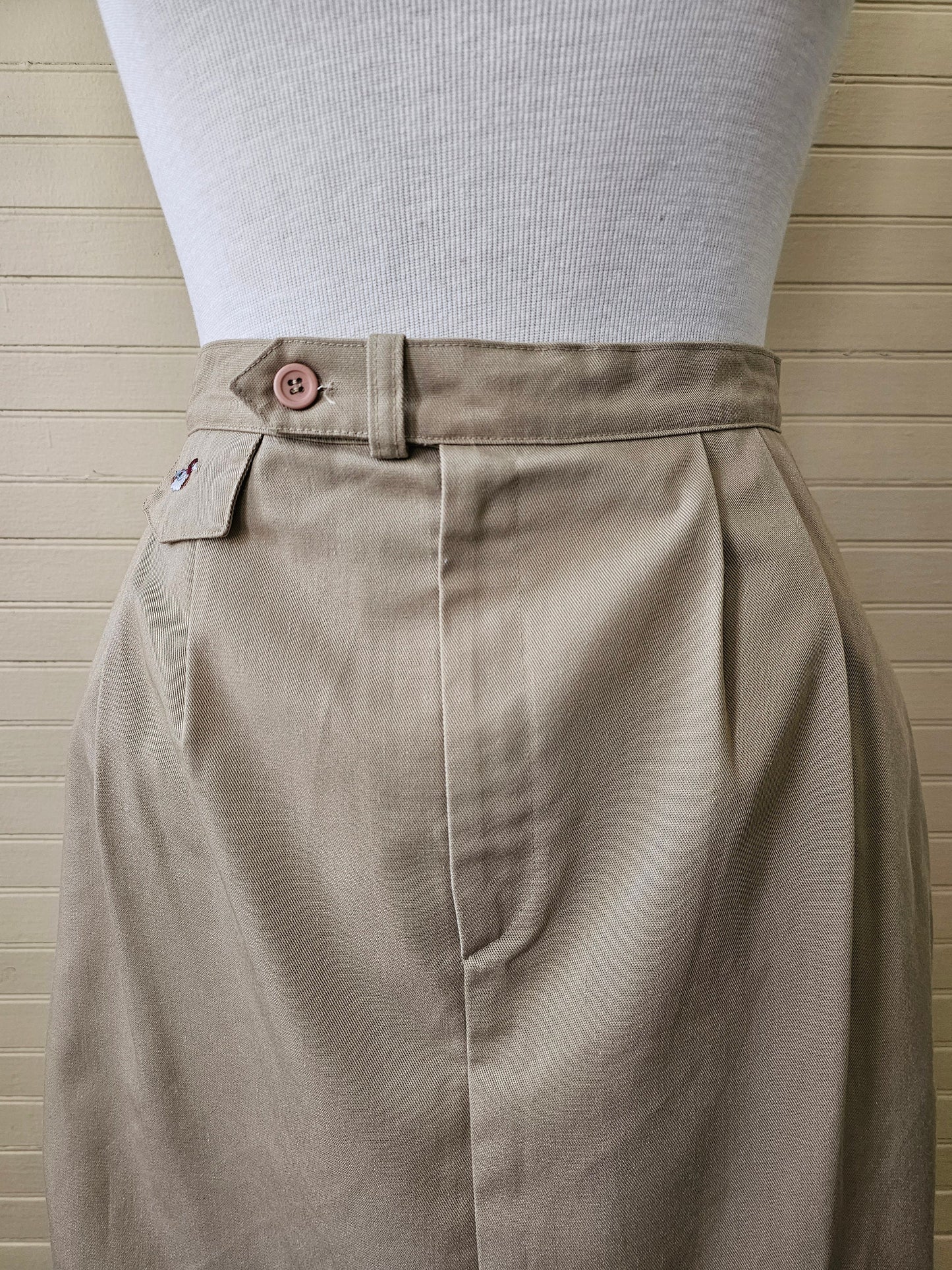 Vintage skirt, Decoy Collection 10 tan khaki waistband A line button front zipper preppy pleated below knee embroidered duck pockets 80s 90s