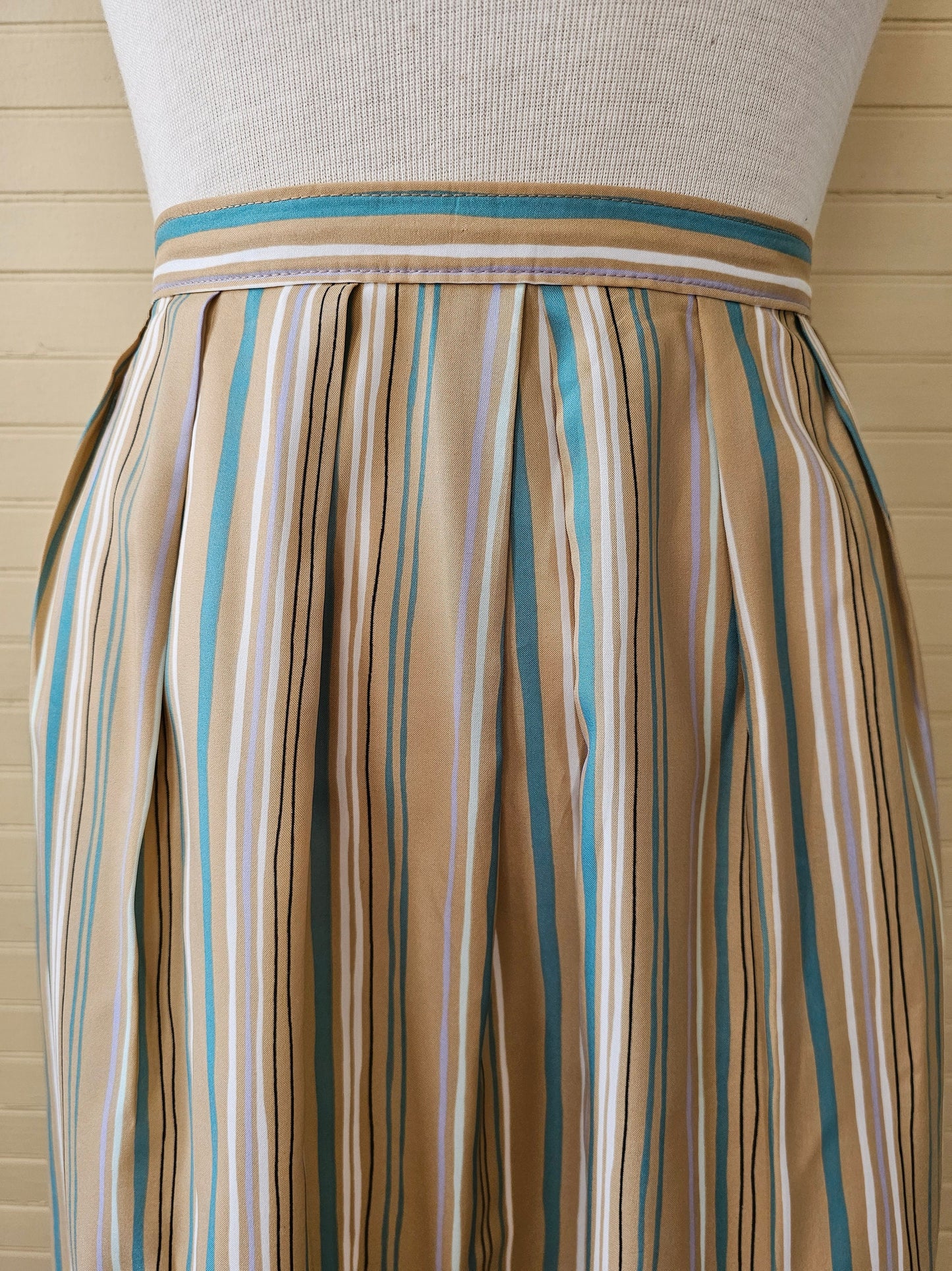 Vintage skirt, Bobbie Brooks 7/8 waistband pleated stripe khaki beige teal white silky midi below knee button zipper A line lightweight thin