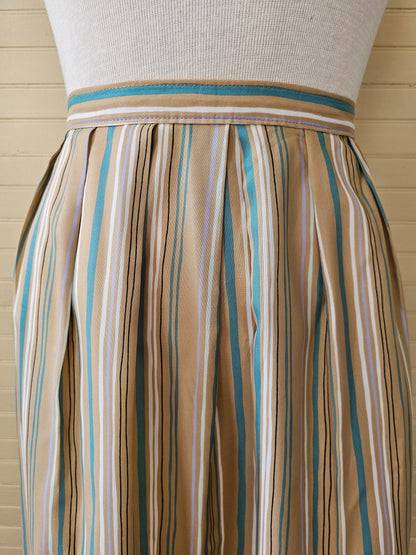 Vintage skirt, Bobbie Brooks 7/8 waistband pleated stripe khaki beige teal white silky midi below knee button zipper A line lightweight thin