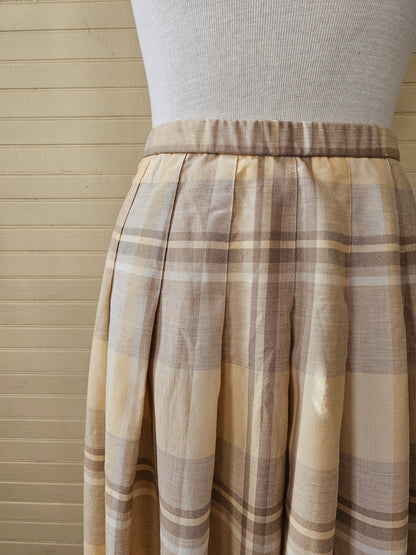 Vintage skirt, Pendleton 8 plaid yellow brown waistband zipper button pleated midi below knee A line wool preppy Scottish cosplay 90s