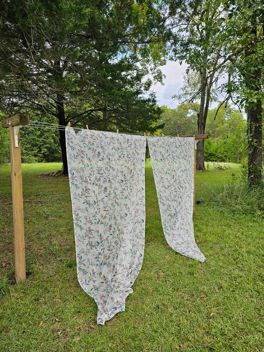 Vintage curtains, Sears set of 2 long panels sheer floral paisley vines multi colored red blue green rod pocket country farmhouse cottage