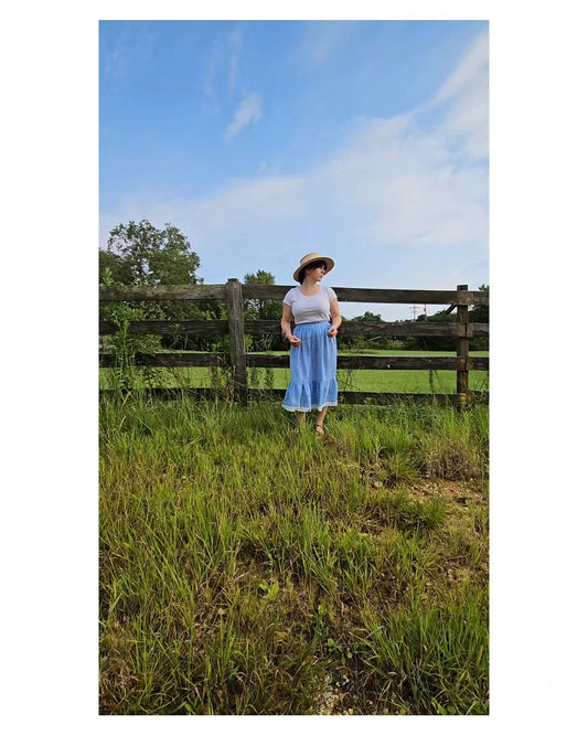 Vintage skirt, Summit Sportwear 8 stripe blue white tiered ruffle lace zipper button A line midi below knee 70s country cottagecore nautical