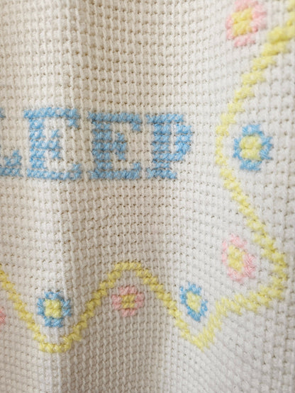 Vintage blanket baby gender neutral swaddle sleep crochet handmade pastel crib bedding shower gift boy girl cross stitch nursery newborn mom