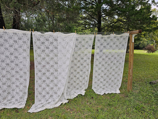 Vintage curtains, set of 4 off white floral lace rod pocket cottagecore Victorian granny chic shabby chic country farmhouse panels